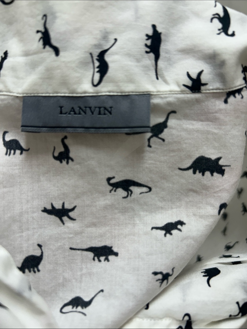 Lanvin White Short-Sleeve Button-Down Shirt with Black Dino Print Sz 16 - Picture 2 of 11